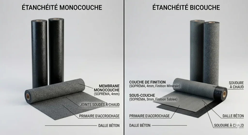 Rouleaux de membrane bitumineuse pour étanchéité de toiture terrasse : comparaison entre système monocouche et bicouche