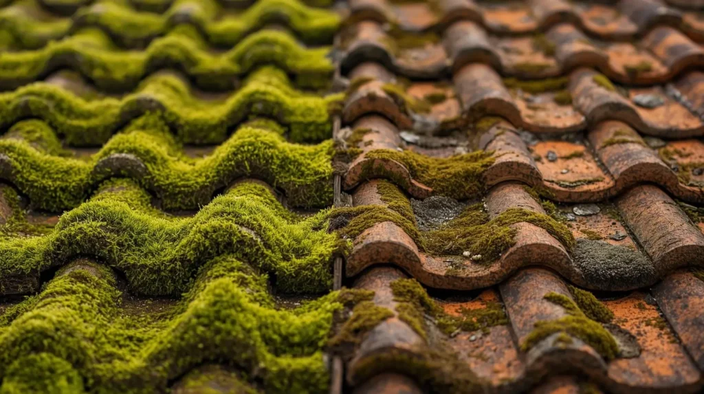 Comparaison avant-après d'un démoussage de toiture en tuiles sur bâtiment professionnel