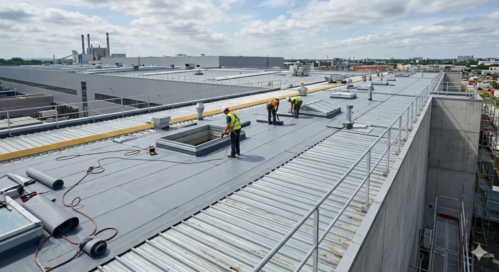 Étanchéité d'une toiture à faible pente en bac acier sur un bâtiment industriel ile de france 
