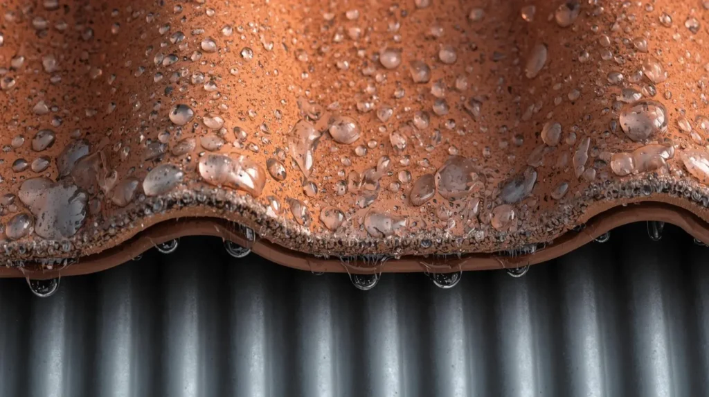 Effet perlant de l'eau sur une toiture traitée à l'hydrofuge, illustrant la protection contre l'humidité