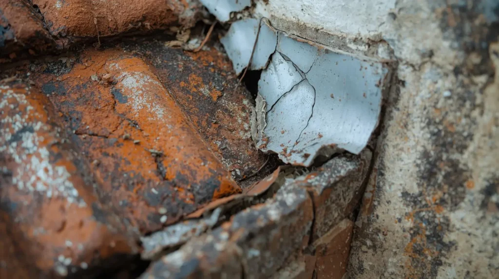 Solin de toiture dégradé avec joint décollé, cause fréquente d'infiltration en jonction mur-toiture