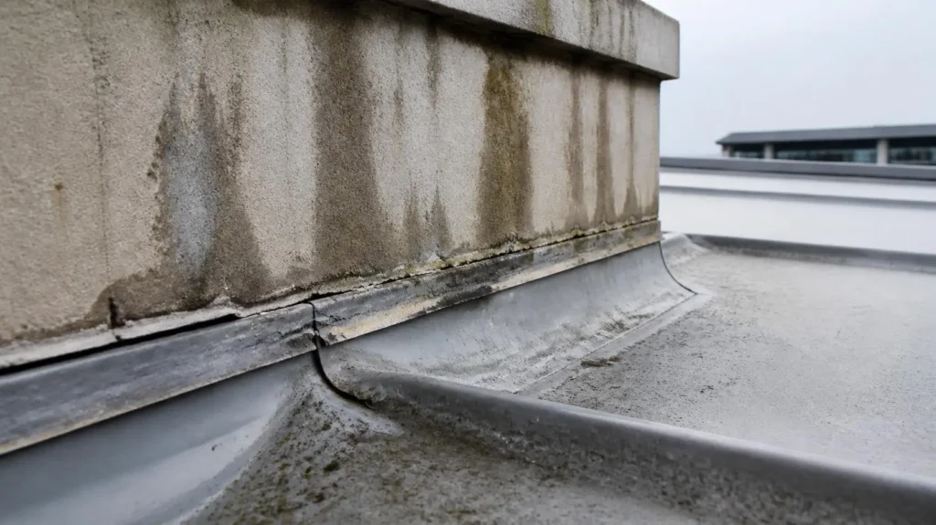 Solin de toiture défectueux : mastic fissuré et début d'infiltration