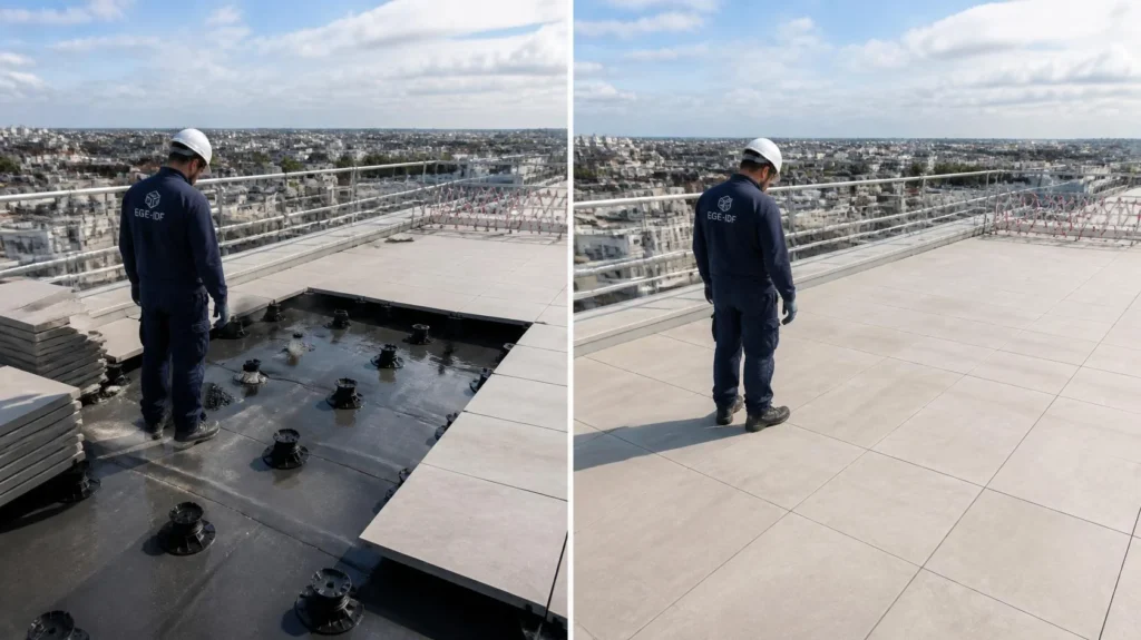 Contrôle de l'étanchéité sous un dallage de terrasse déposé