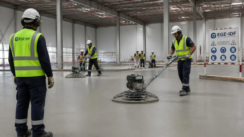 Lissage mécanique d'un dallage industriel béton quartzé à la truelle hélicoptère