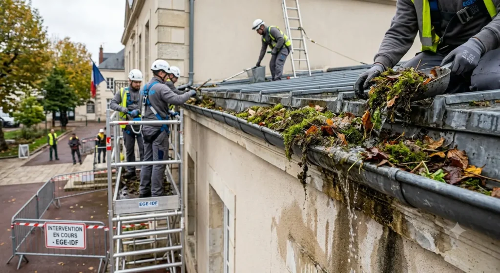 Gouttière de toiture obstruée par des mousses et des débris végétaux