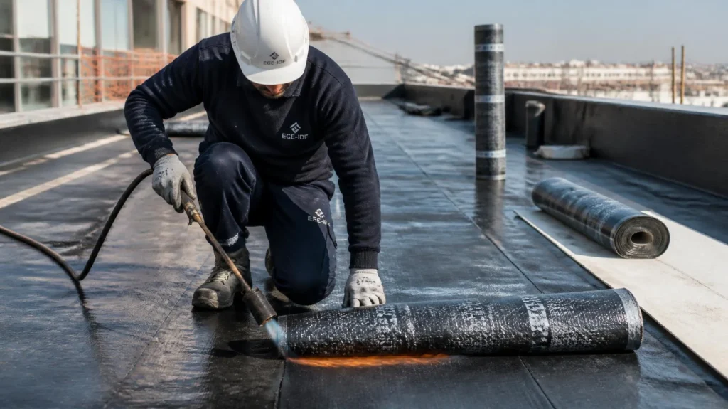 Pose d'une membrane bitumineuse bicouche au chalumeau sur une toiture-terrasse