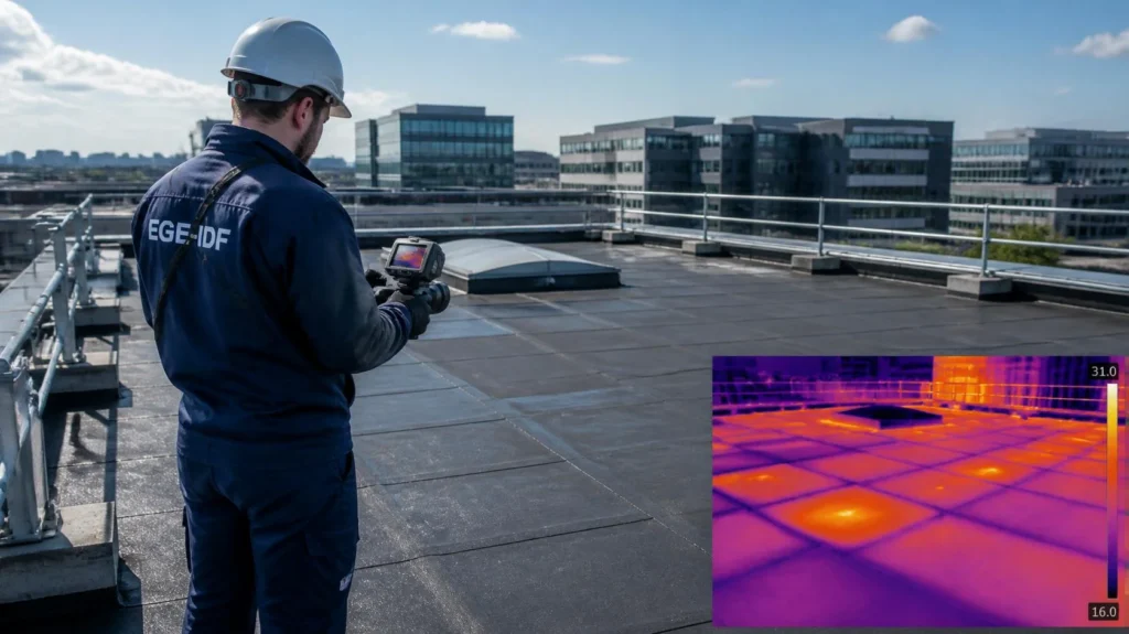 Diagnostic par thermographie infrarouge d'une toiture-terrasse : détection d'humidité