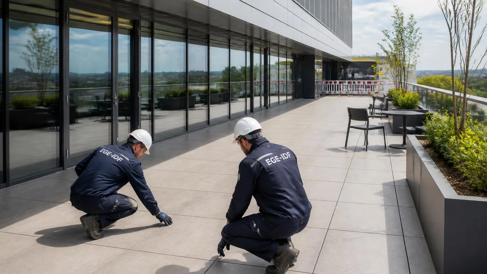 Terrasse extérieure dallée en grès cérame sur un bâtiment tertiaire